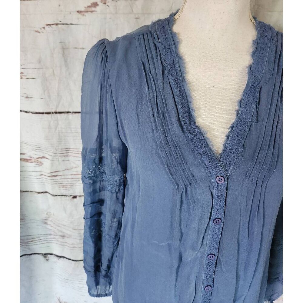 Sundance Button Front Flowy Lace Trimmed Blouse S… - image 4